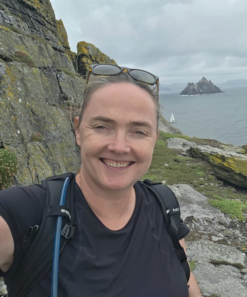 Sarah on the move at Skellig Michael